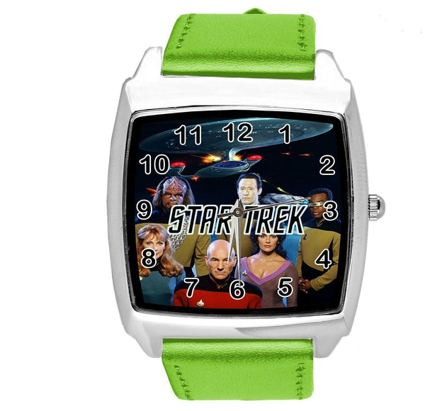 STAR TREK SCI FI CD DVD TV SERIES FILM MOVIE GREEN LEATHER SQUARE WATCH E2