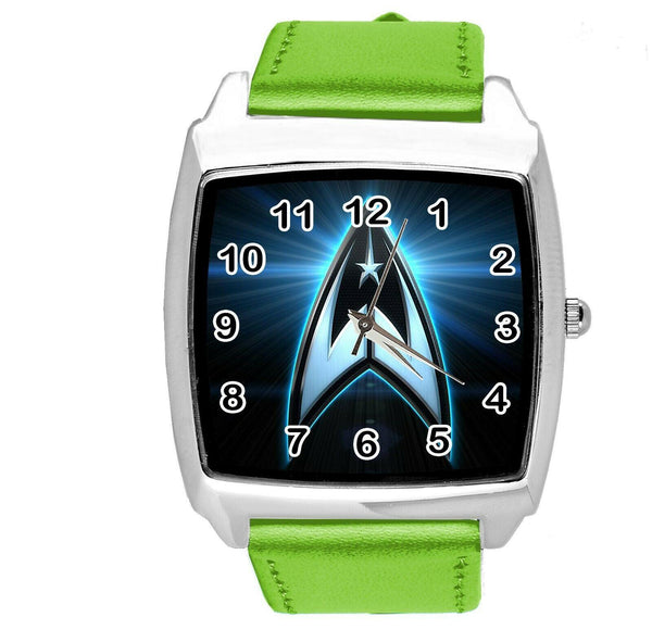 STAR TREK SCI FI CD DVD TV SERIES FILM MOVIE GREEN LEATHER SQUARE WATCH E1