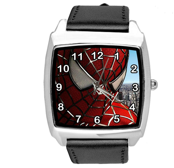 SPIDERMAN SUPERHERO COMICS SCI FI CD DVD TV FILM BLACK LEATHER SQUARE WATCH E1