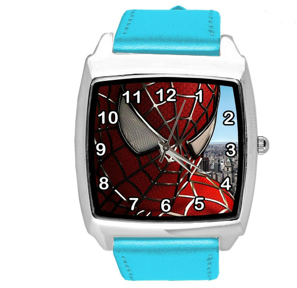 SPIDERMAN SUPERHERO COMICS SCI FI CD DVD TV FILM BLUE LEATHER SQUARE WATCH E1