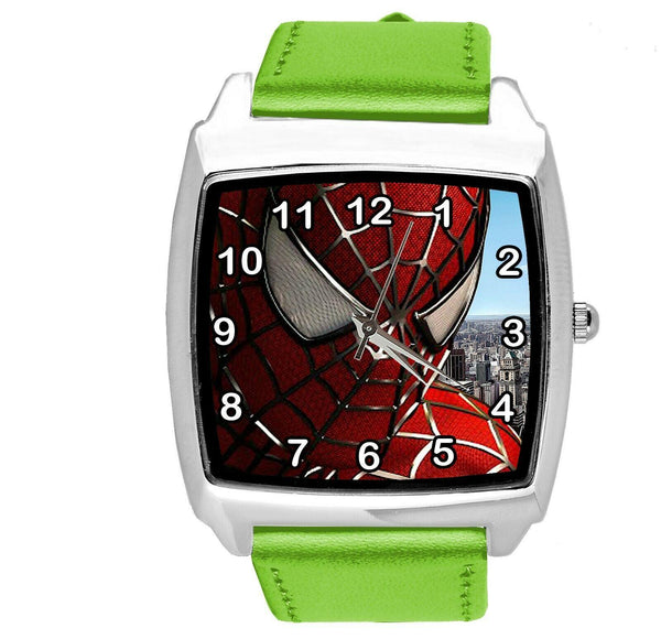 SPIDERMAN SUPERHERO COMICS SCI FI CD DVD TV FILM GREEN LEATHER SQUARE WATCH E1