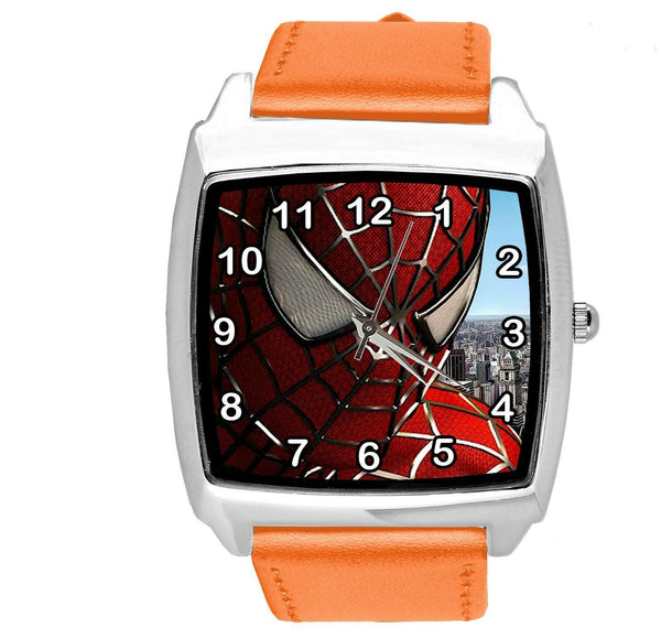 SPIDERMAN SUPERHERO COMICS SCI FI CD DVD TV FILM ORANGE LEATHER SQUARE WATCH E1