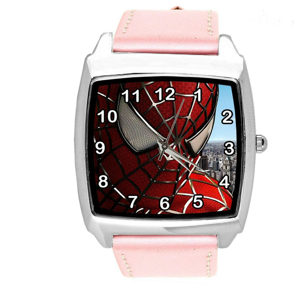 SPIDERMAN SUPERHERO COMICS SCI FI CD DVD TV FILM PINK LEATHER SQUARE WATCH E1