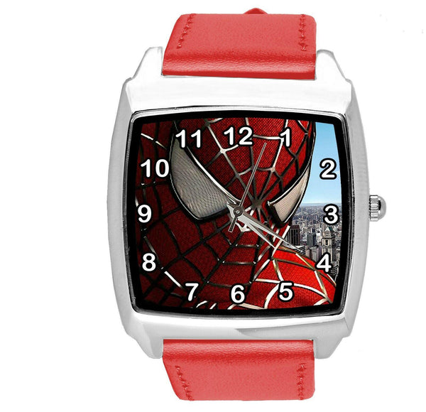 SPIDERMAN SUPERHERO COMICS SCI FI CD DVD TV FILM RED LEATHER SQUARE WATCH E1
