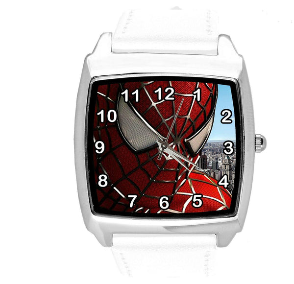 SPIDERMAN SUPERHERO COMICS SCI FI CD DVD TV FILM WHITE LEATHER SQUARE WATCH E1