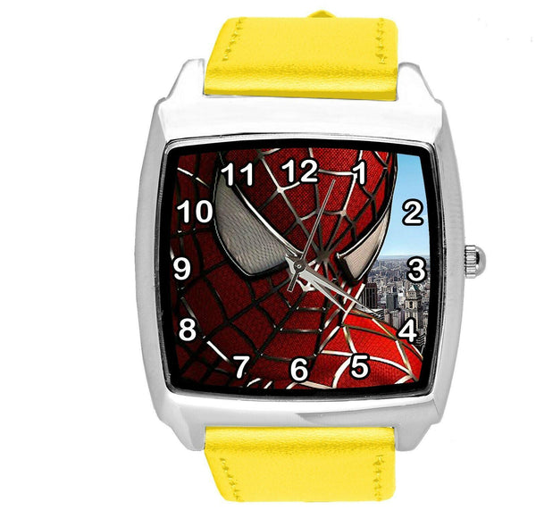 SPIDERMAN SUPERHERO COMICS SCI FI CD DVD TV FILM YELLOW LEATHER SQUARE WATCH E1