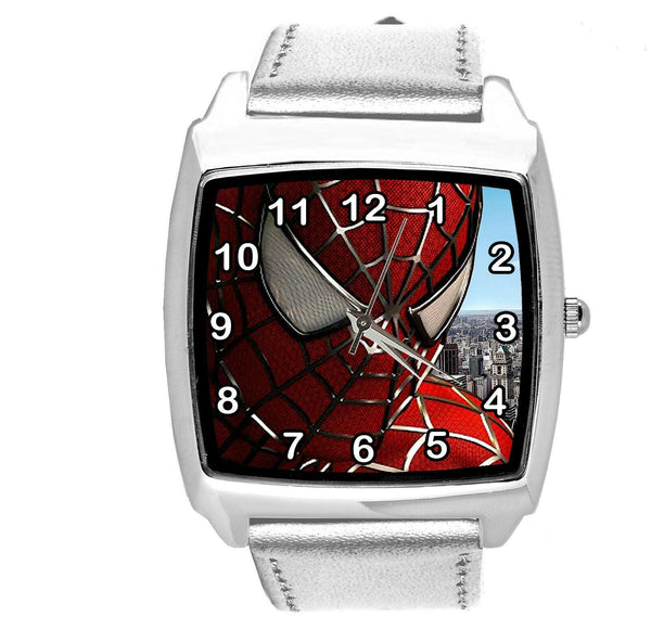 SPIDERMAN SUPERHERO COMICS SCI FI CD DVD TV FILM SILVER LEATHER SQUARE WATCH E1