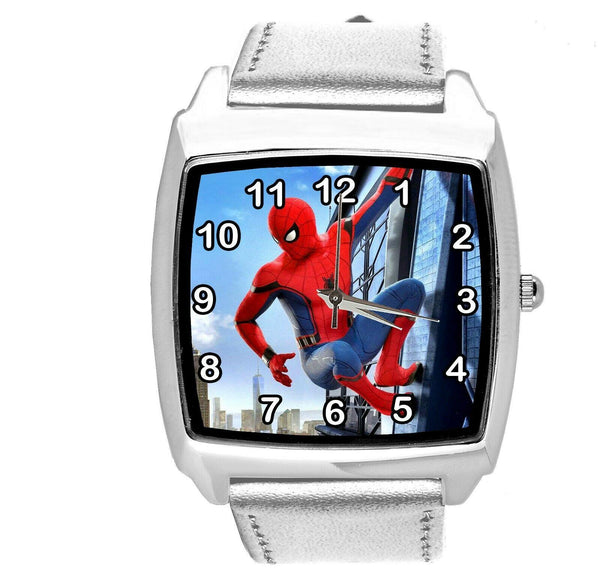 SPIDERMAN SUPERHERO COMICS SCI FI CD DVD TV FILM SILVER LEATHER SQUARE WATCH E2
