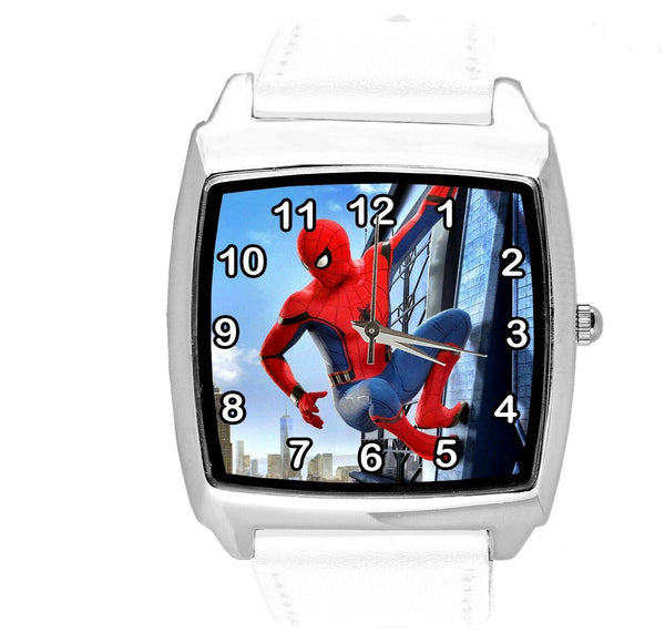 SPIDERMAN SUPERHERO COMICS SCI FI CD DVD TV FILM WHITE LEATHER SQUARE WATCH E2
