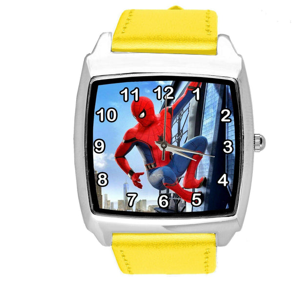 SPIDERMAN SUPERHERO COMICS SCI FI CD DVD TV FILM YELLOW LEATHER SQUARE WATCH E2
