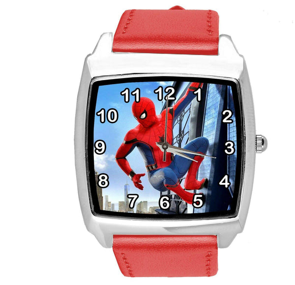 SPIDERMAN SUPERHERO COMICS SCI FI CD DVD TV FILM RED LEATHER SQUARE WATCH E2