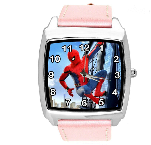 SPIDERMAN SUPERHERO COMICS SCI FI CD DVD TV FILM PINK LEATHER SQUARE WATCH E2