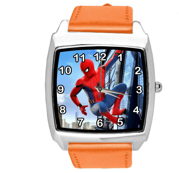 SPIDERMAN SUPERHERO COMICS SCI FI CD DVD TV FILM ORANGE LEATHER SQUARE WATCH E2