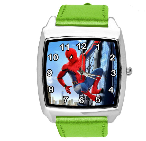 SPIDERMAN SUPERHERO COMICS SCI FI CD DVD TV FILM GREEN LEATHER SQUARE WATCH E2
