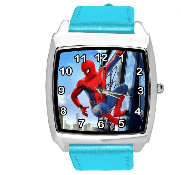 SPIDERMAN SUPERHERO COMICS SCI FI CD DVD TV FILM BLUE LEATHER SQUARE WATCH E2