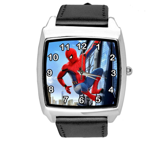 SPIDERMAN SUPERHERO COMICS SCI FI CD DVD TV FILM BLACK LEATHER SQUARE WATCH E2