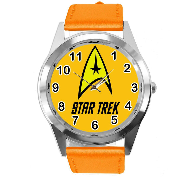 STAR TREK SCI FI CD DVD TV SERIES FILM MOVIE ORANGE LEATHER ROUND GALAXY WATCH