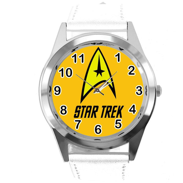 STAR TREK SCI FI CD DVD TV SERIES FILM MOVIE WHITE LEATHER ROUND GALAXY WATCH