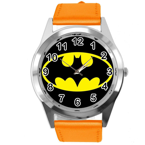 BATMAN DARK KNIGHT SUPERHERO ORANGE LEATHER FILM MOVIE CD DVD TV ROUND WATCH