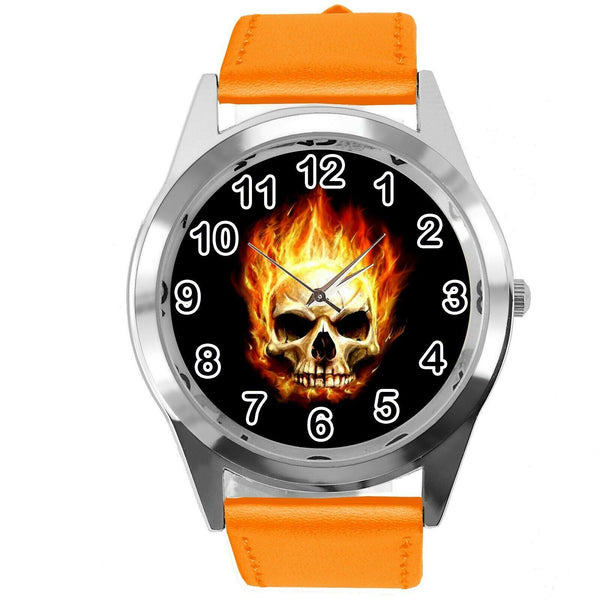 GHOST RIDER SKULL HARLEY HALLOWEEN ORANGE LEATHER HARD ROCK FILM METAL CD WATCH
