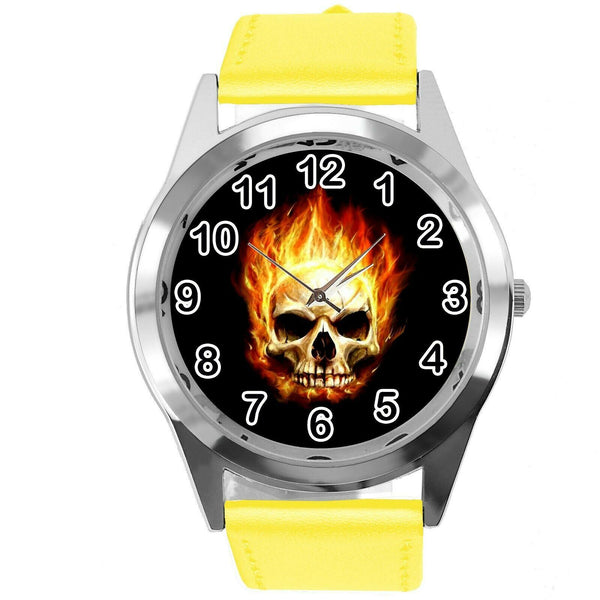 GHOST RIDER SKULL HARLEY HALLOWEEN YELLOW LEATHER HARD ROCK FILM METAL CD WATCH