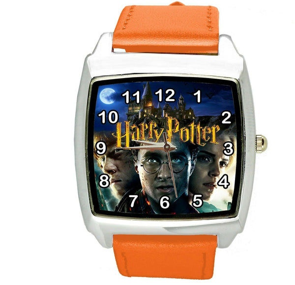 HARRY POTTER  WIZARD MAGIC BOOK FILM MOVIE DVD GAME ORANGE LEATHER SQUARE WATCH