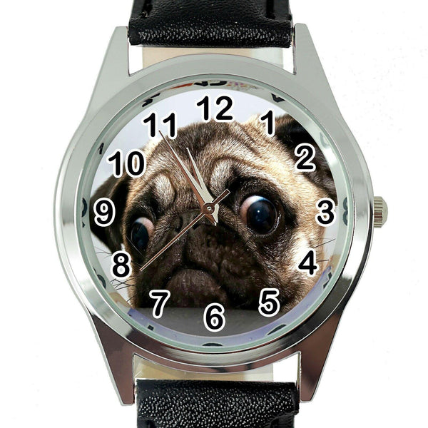 PUG DOG LOVER FRIEND Steel Black LEATHER QUARTZ ANALOG WATCH UHR RELOJ