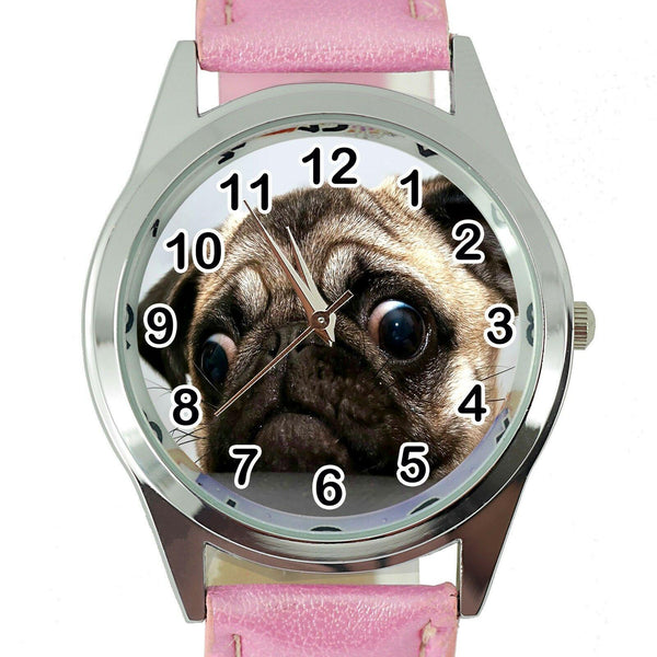 PUG DOG LOVER FRIEND Steel PINK LEATHER QUARTZ ANALOG WATCH UHR RELOJ