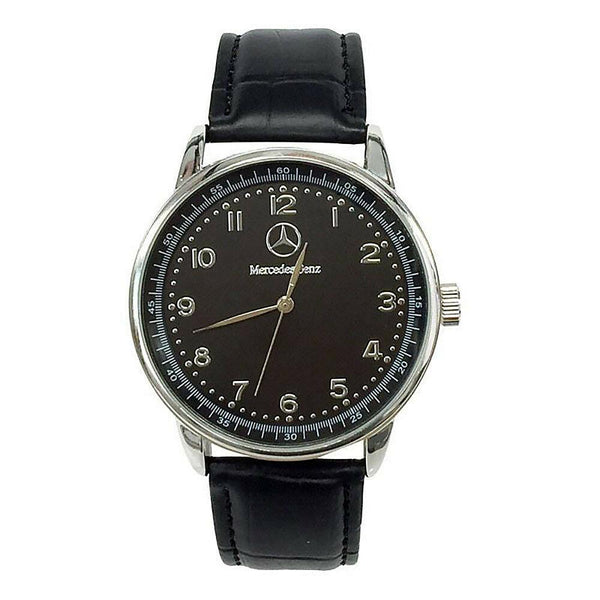 Mercedes Benz Mens Stainless Steel Black Dial Black Leather Strap Sport Watch