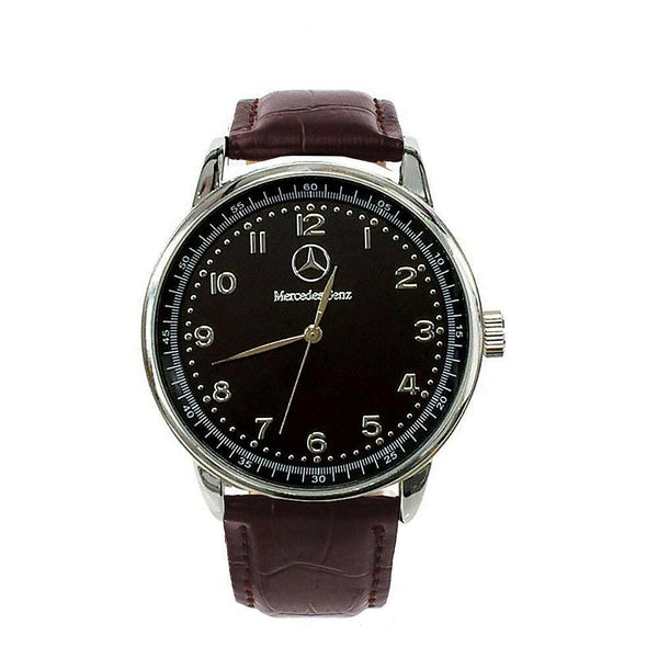 Mercedes Benz Mens Stainless Steel Black Dial Brown Leather Strap Sport Watch