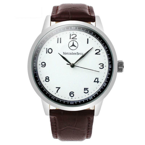 Mercedes Benz Mens Stainless Steel WHITE Dial BROWN Leather Strap Sport Watch