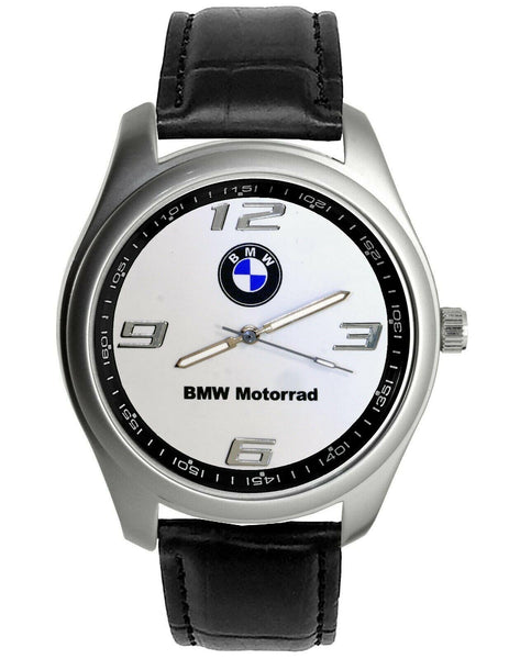 BMW MOTORRAD Mens Stainless Steel WHITE Dial Black Leather Strap Sport Watch