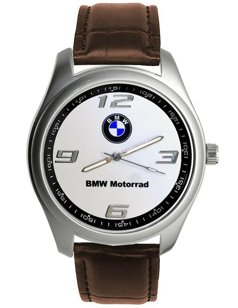 BMW MOTORRAD Mens Stainless Steel WHITE Dial BROWN Leather Strap Sport Watch