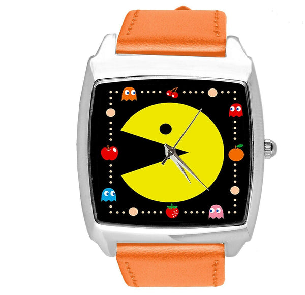 PACMAN  ARCADE VIDEO GAME ORANGE LEATHER FILM MOVIE STEEL SQUARE CD DVD WATCH