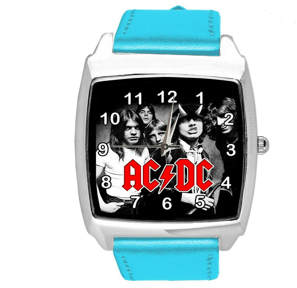 ACDC AC/DC BLUE REAL LEATHER MUSIC HARD ROCK AND ROLL BAND CD DVD SQUARE WATCH