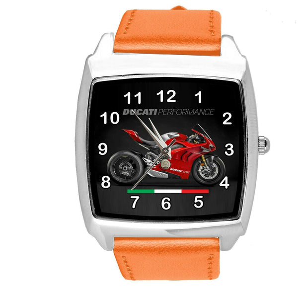 MOTO RACING ORANGE LEATHER ITALY Steel SQUARE WATCH FOR DUCATI MOTORBIKE FANS