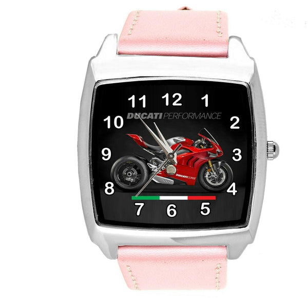 MOTO RACING PINK LEATHER ITALY Steel SQUARE WATCH FOR DUCATI MOTORBIKE FANS