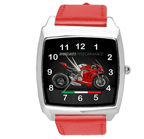 MOTO RACING RED LEATHER ITALY Steel SQUARE WATCH FOR DUCATI MOTORBIKE FANS