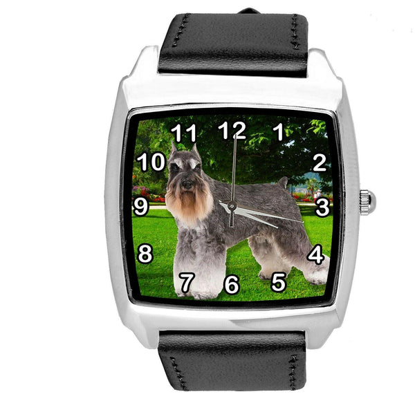 SCHNAUZER PUPPY DOG SZNAUCER BLACK LEATHER QUARTZ STEEL PET WATCH UHR RELOJ