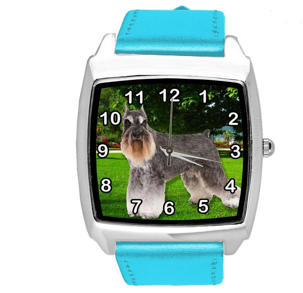 SCHNAUZER PUPPY DOG SZNAUCER BLUE LEATHER QUARTZ STEEL PET WATCH UHR RELOJ