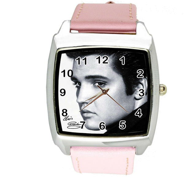 ELVIS PRESLEY WATCH Steel LEATHER MUSIC KING LEGEND SQUARE CD PINK BAND WATCH E8