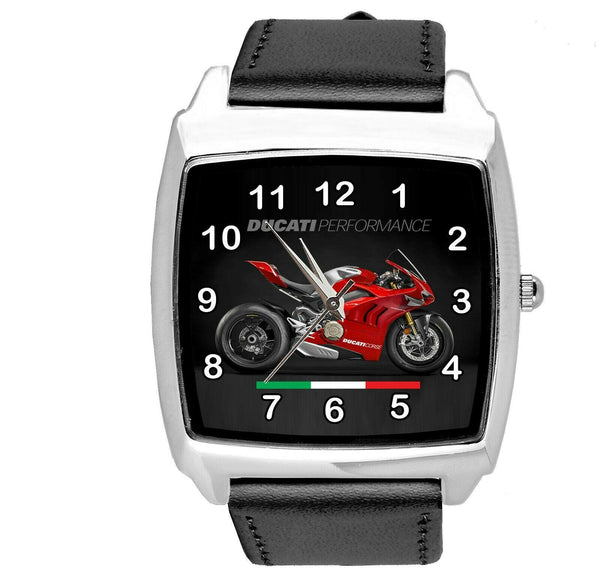 MOTO RACING BLACK LEATHER ITALY Steel SQUARE WATCH FOR DUCATI MOTORBIKE FANS