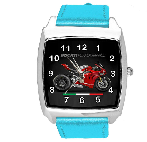 MOTO RACING BLUE LEATHER ITALY Steel SQUARE WATCH FOR DUCATI MOTORBIKE FANS