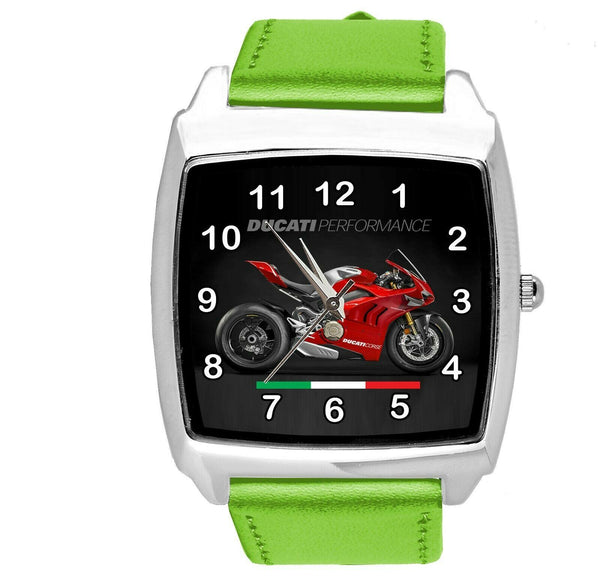 MOTO RACING GREEN LEATHER ITALY Steel SQUARE WATCH FOR DUCATI MOTORBIKE FANS
