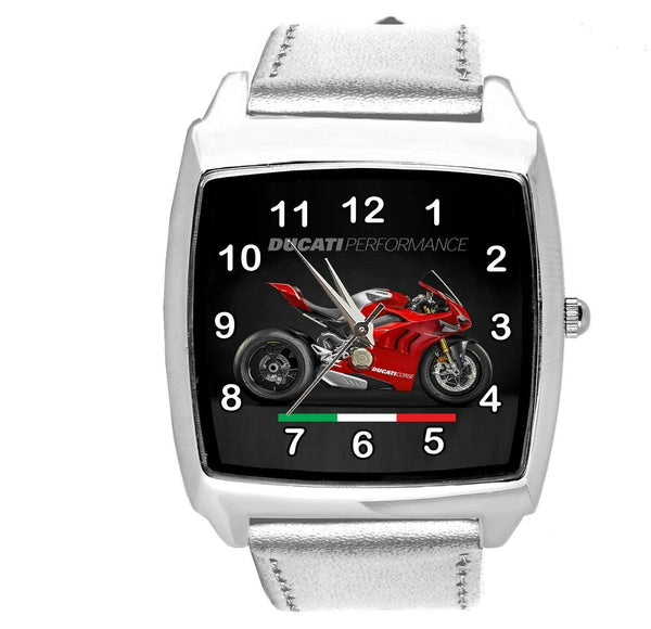 MOTO RACING SILVER LEATHER ITALY Steel SQUARE WATCH FOR DUCATI MOTORBIKE FANS