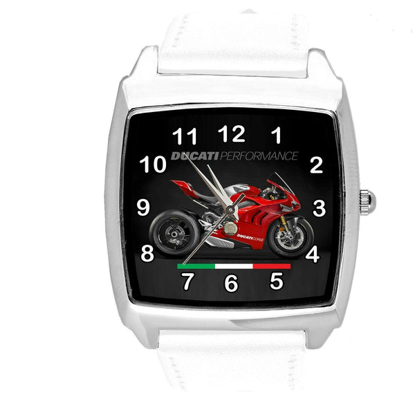 MOTO RACING WHITE LEATHER ITALY Steel SQUARE WATCH FOR DUCATI MOTORBIKE FANS