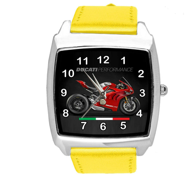 MOTO RACING YELLOW LEATHER ITALY Steel SQUARE WATCH FOR DUCATI MOTORBIKE FANS