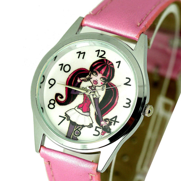 NEW MONSTER HIGH DOLLS PINK LEATHER FILM MOVIE GIRL FAIRY TALE STEEL WATCH UK W2