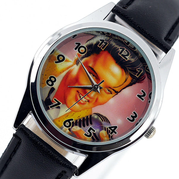 ELVIS PRESLEY WATCH Stainless BLACK LEATHER MUSIC KING LEGEND ROUND COLOUR DIAL