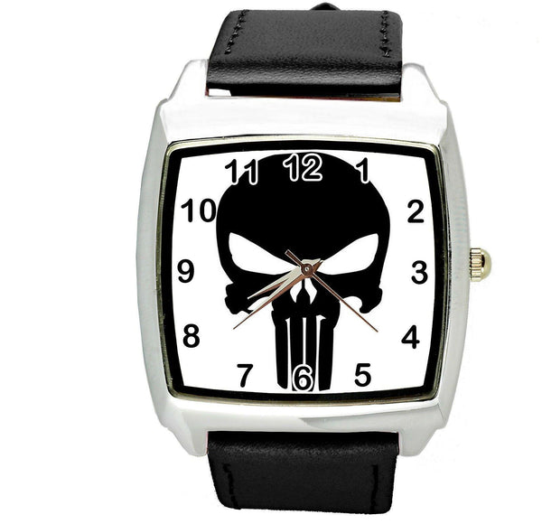 PUNISHER SKULL LOGO SUPERHERO BLACK LEATHER FILM MOVIE STEEL COMICS SQUARE WATCH